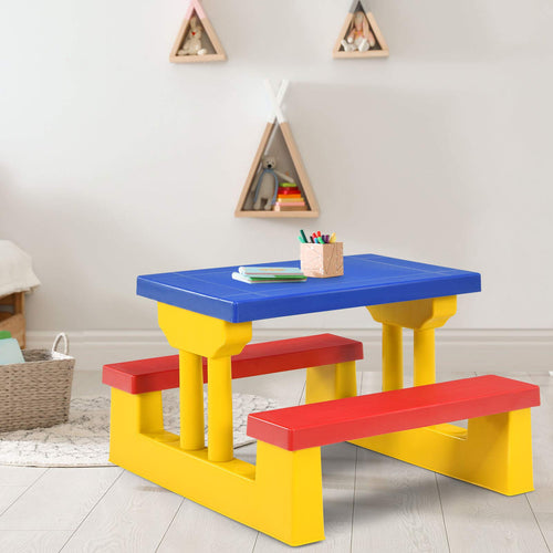 Kids Picnic Table Set, Table Bench Set for Toddlers w/Removable Umbrella
