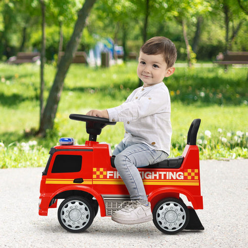 Kids Ride On Car, Benz Licensed Fire Engine w/Storage Space, Steering Wheel, Backrest, Red