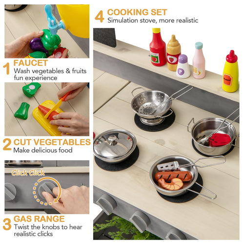 Outdoor Play Kitchen with Faucet Chalkboard Stoves Removable Sink Cooking Accessories