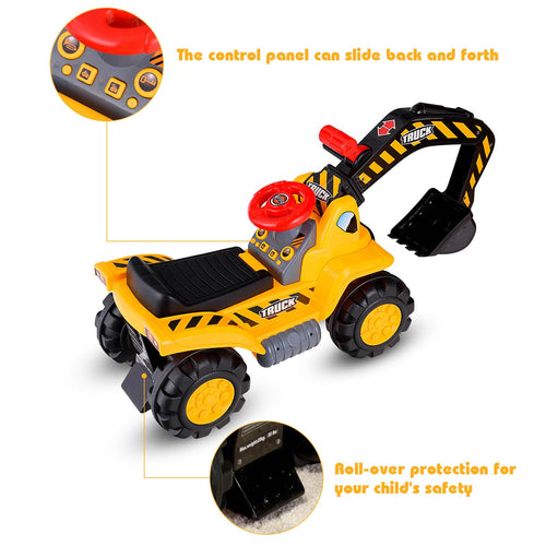 Kids Ride On Excavator, Outdoor Digger Scooper Pulling Cart W/Safety Helmet Horn Underneath Storage
