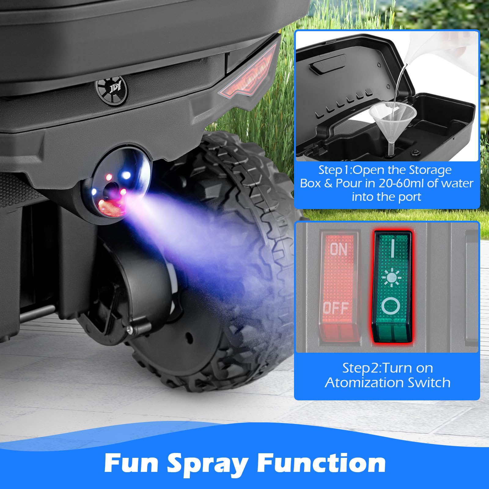 Kids ATV with Spray Function, Remote Control, Storage Trunk