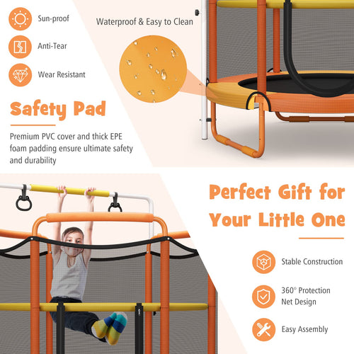 60"/5FT Trampoline for Kids, 3-in-1 Heavy Duty Mini Trampoline w/Ring and Horizontal Bar