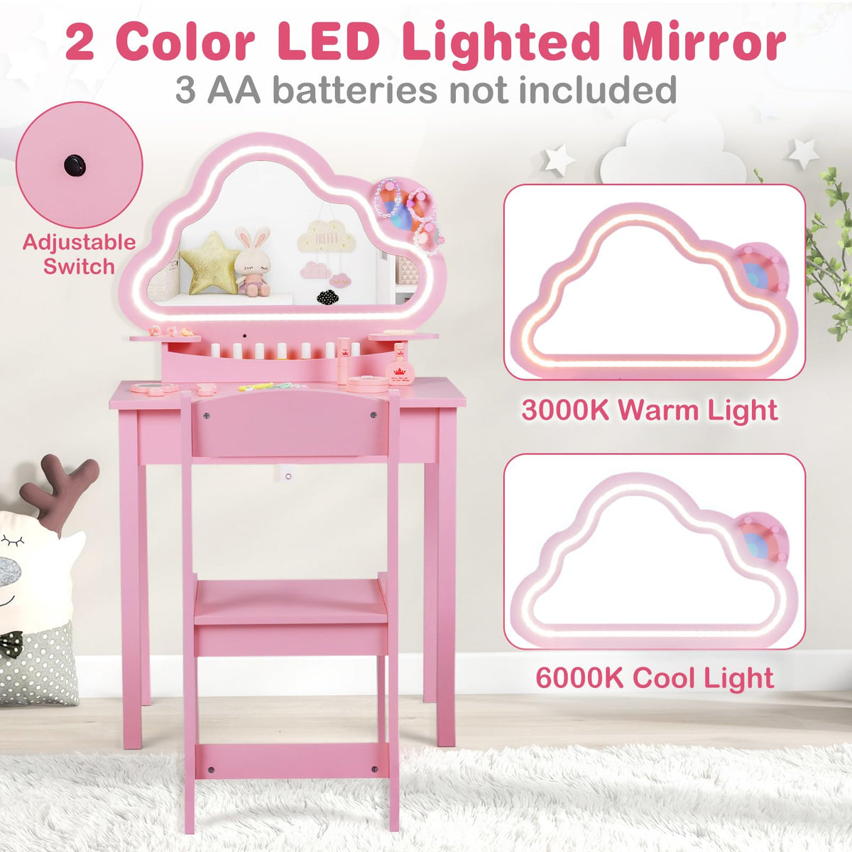 Kids Vanity with Lights, Princess Makeup Dressing Desk