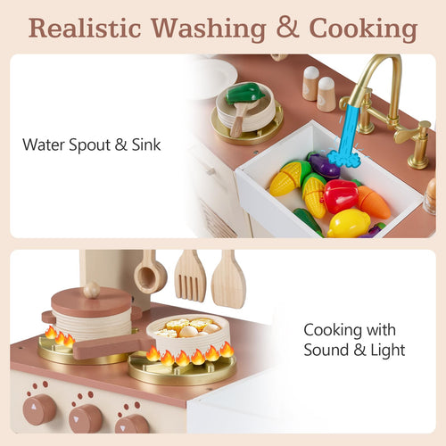 Play Kitchen, Wooden Kids Cooking Toy with Realistic Lights Sounds
