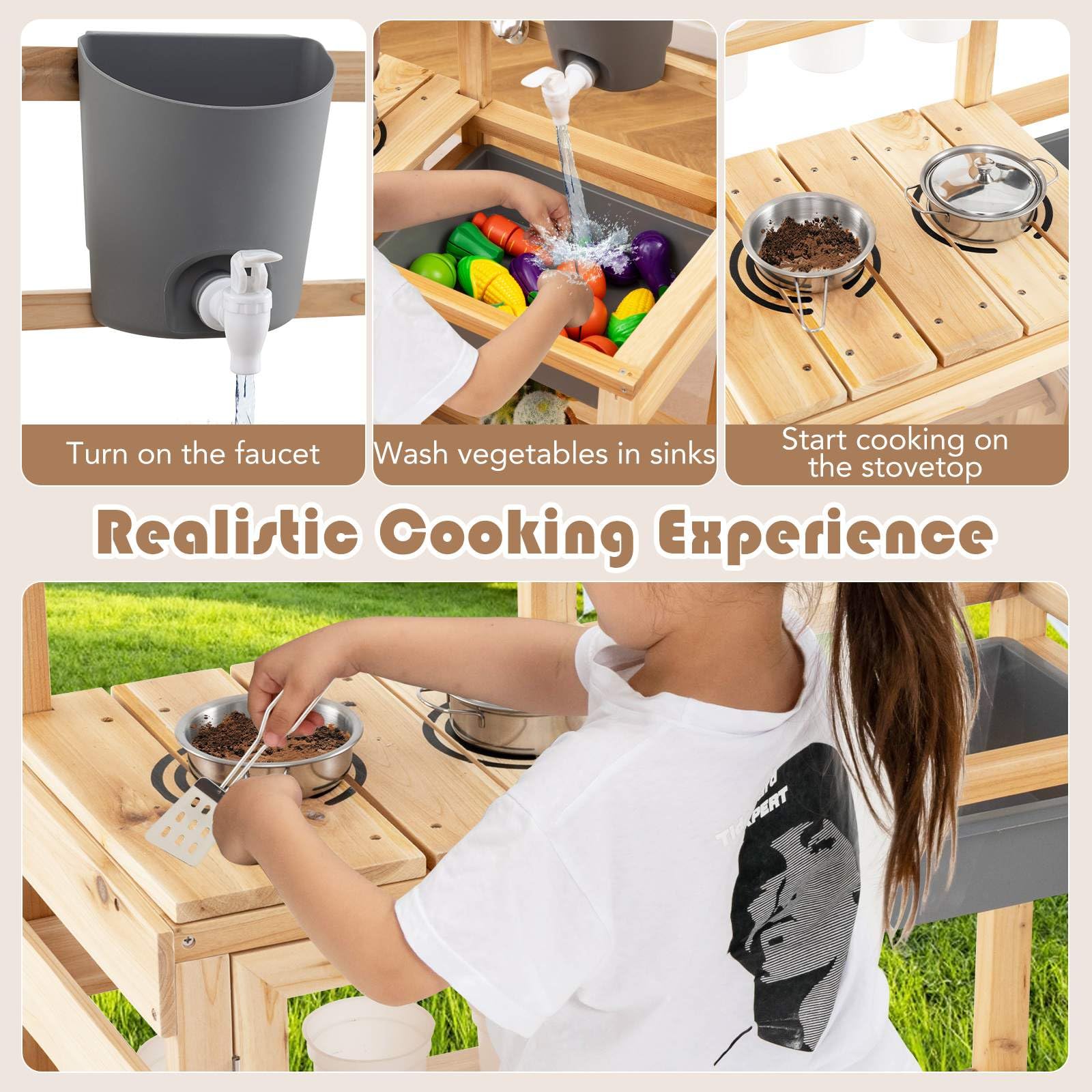 Mud Kitchen for Kids Outdoor, Wooden Toddler Play Kitchen with 12 Plant Pots, Faucet, Stoves
