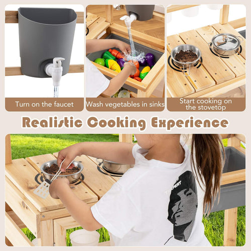 Mud Kitchen for Kids Outdoor, Wooden Toddler Play Kitchen with 12 Plant Pots, Faucet, Stoves