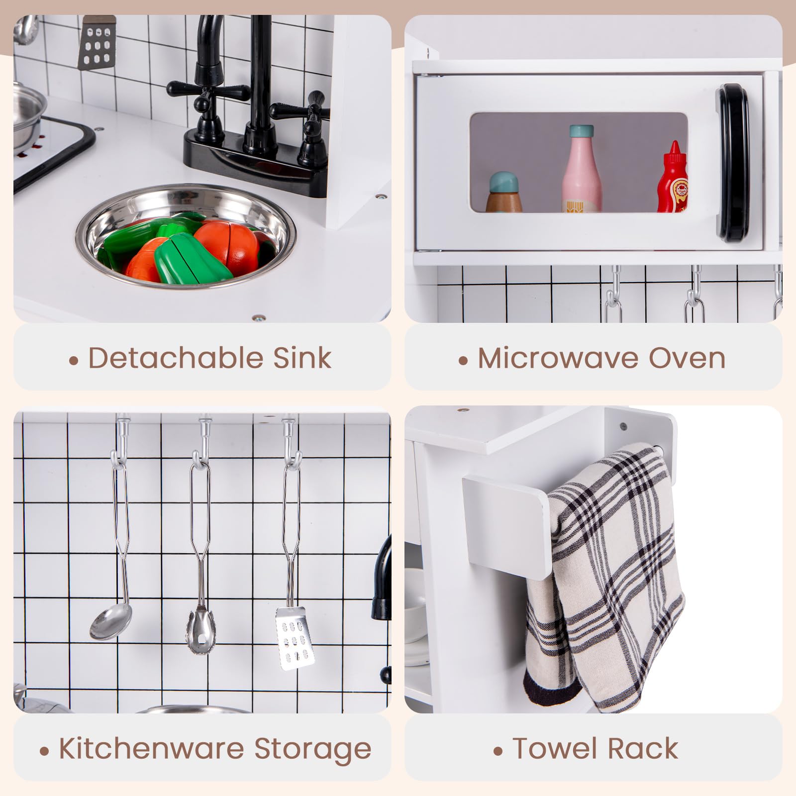 INFANS Play Kitchen for Kids, Wooden Kids Play Kitchen Playset with Realistic Light & Sounds