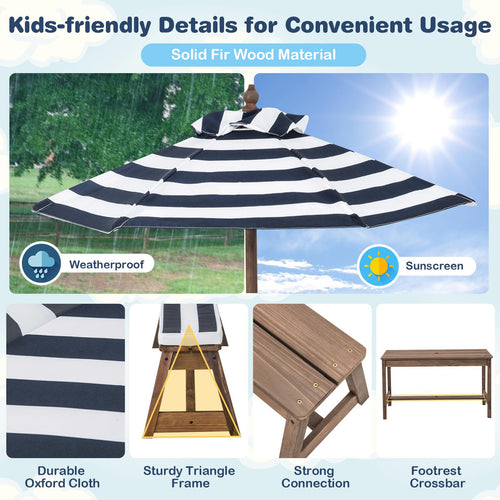 Kids Picnic Table Bench Set, Wooden Kids Outdoor Furniture with Umbrella, Sponge Cushions