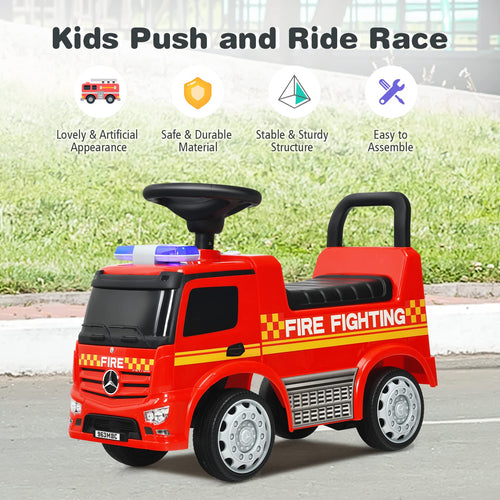 Kids Ride On Car, Benz Licensed Fire Engine w/Storage Space, Steering Wheel, Backrest, Red