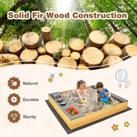 HONEY JOY Wooden Sandbox, Kids Sand Pit with Kitchen Playset Accessories and Built-in Bench Seat