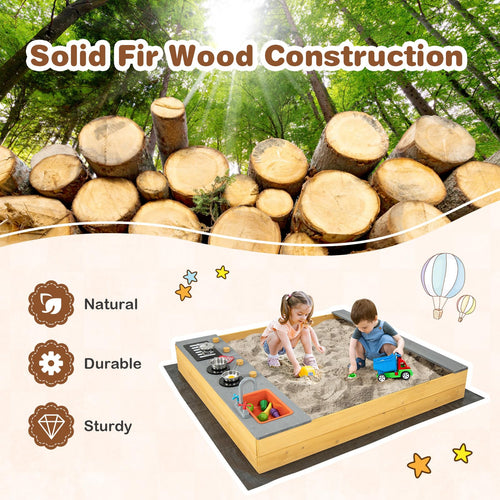 Wooden Sandbox, Kids Sand Pit with Kitchen Playset Accessories and Built-in Bench Seat