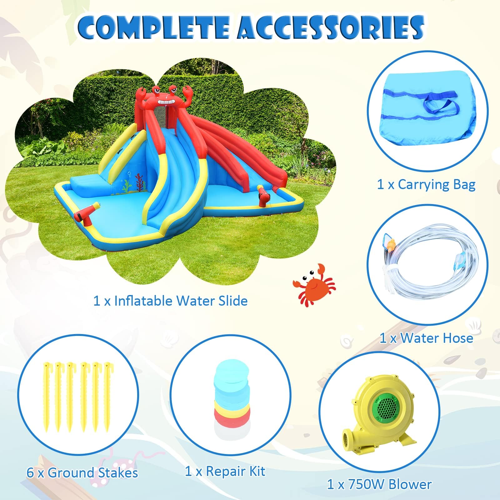 Inflatable Water Slide, 7 in 1 Giant Water Park Double Long Slide w/Splash Pool, Tunnel Adventure
