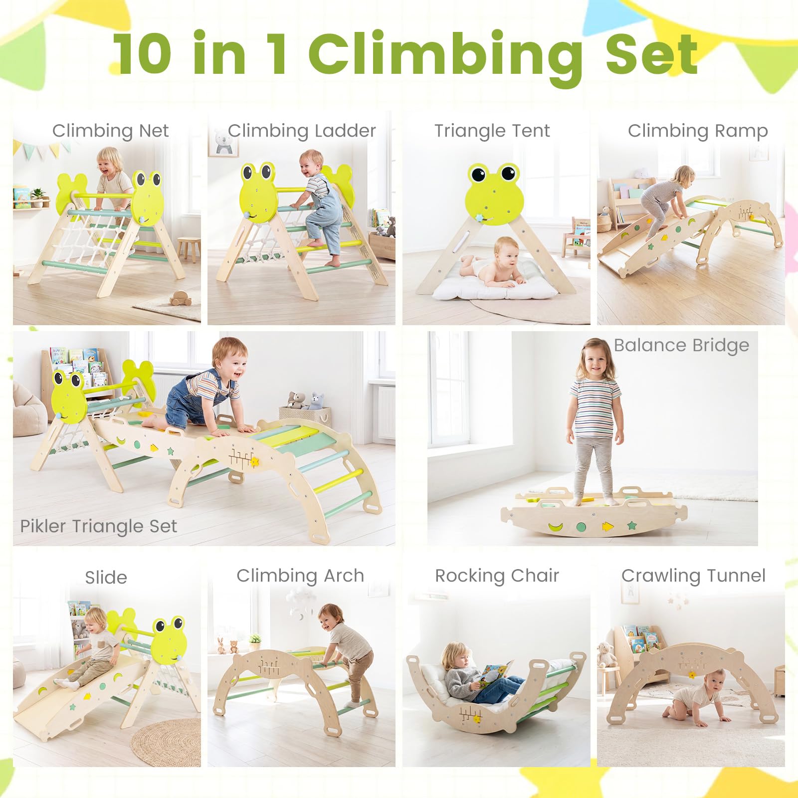 Pikler Triangle Set, 13 in 1 Frog Theme Foldable Wooden Montessori Toddler Climbing Toys