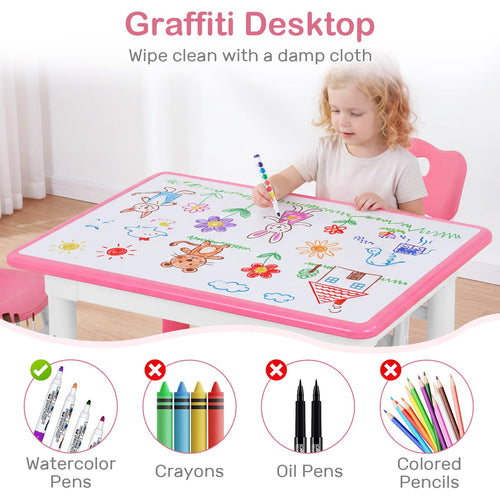 Kids Table and 4 Chairs Set, Height Adjustable Children Activity Desk with Graffiti Desktop 2 Storage Boxes