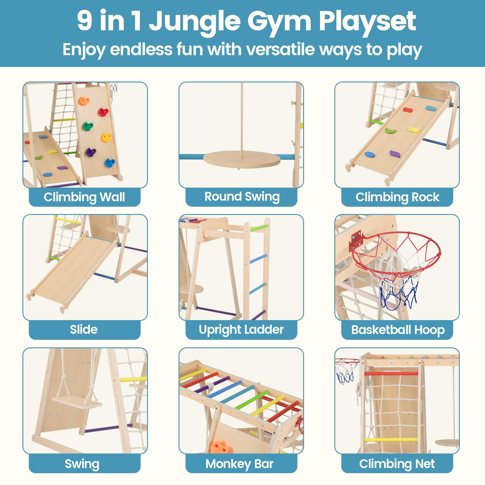 Indoor Jungle Gym, 9 in 1 Wooden Montessori Baby Climbing Toys