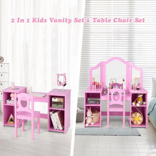 2-in-1 Kids Vanity Table and Chair Set with Removable Mirror