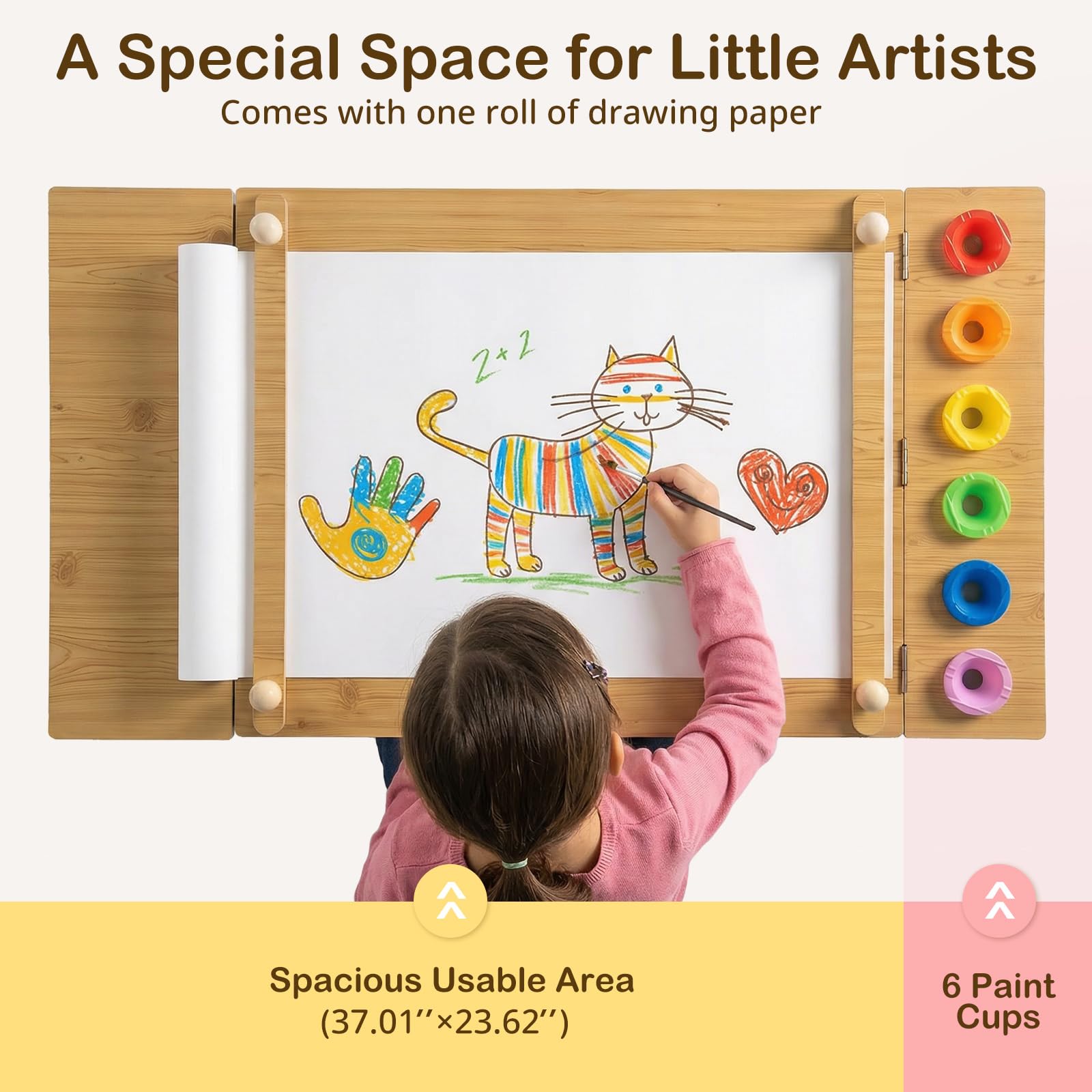 Toddler Art Craft Play Wood Activity Desk with 2 Chairs 4 Storage Canvas Bins Paper Roll for Writing Drawing