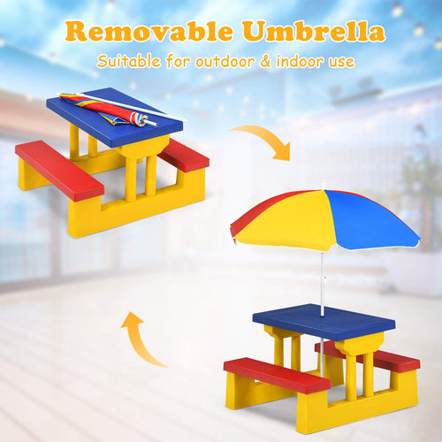 Kids Picnic Table Set, Table Bench Set for Toddlers w/Removable Umbrella