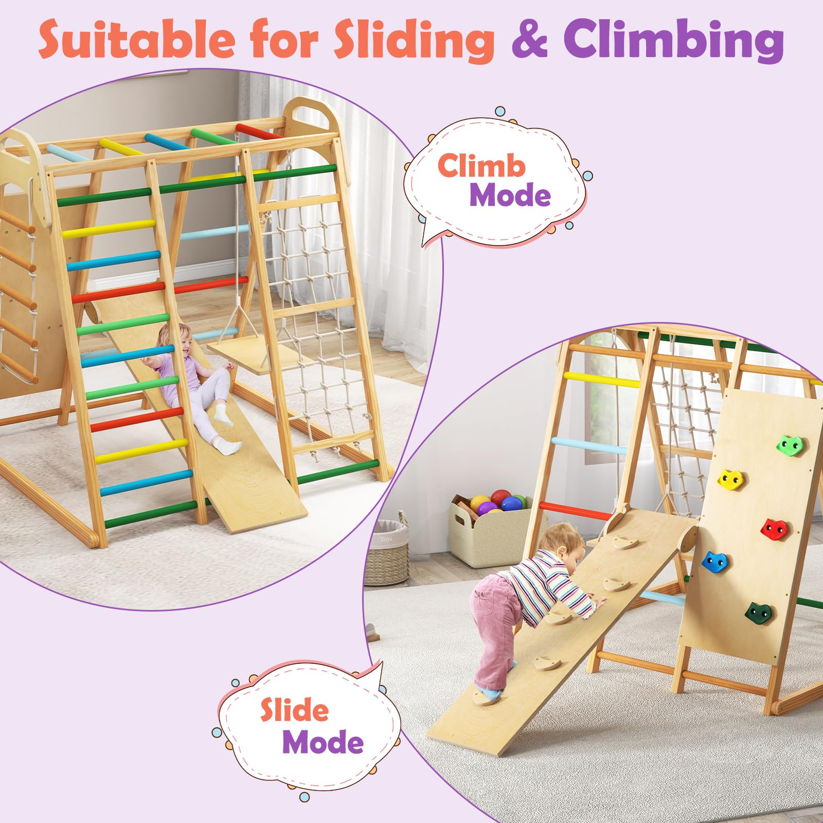 Indoor Jungle Gym, 8 in 1 Kids Montessori Indoor Playground Climbing Playset for Toddlers