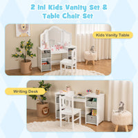 INFANS Kids Vanity, Princess Makeup Desk and Chair Set with Lights Mirror Drawer Storage Shelves