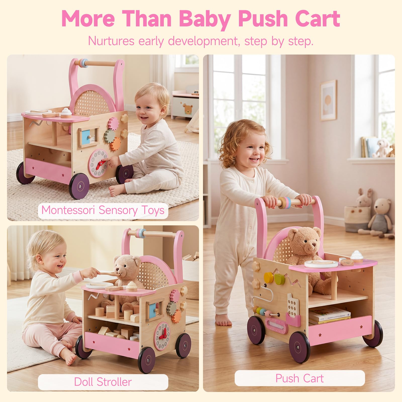 Wooden Baby Walker, Activity Center Push Walking Toy