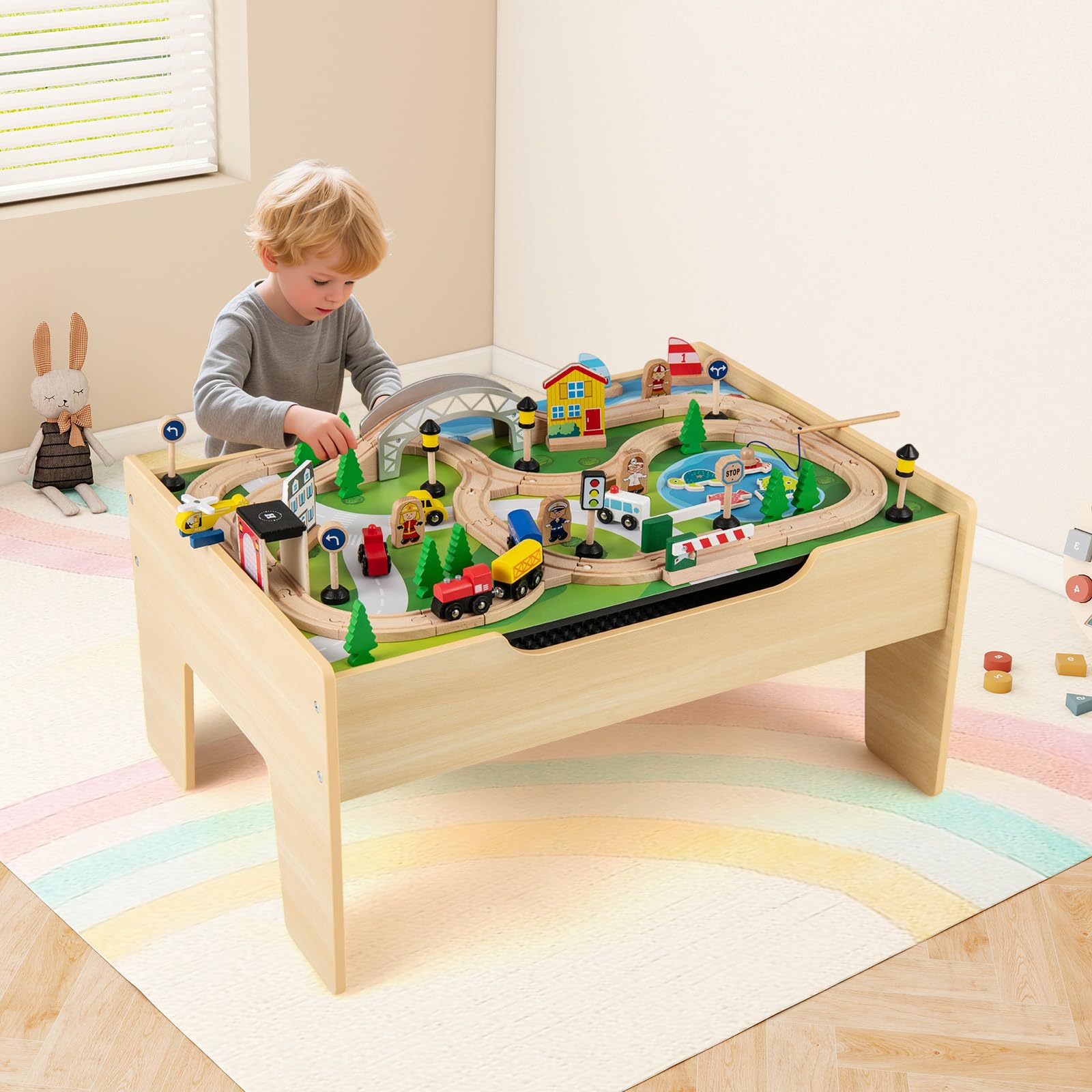 INFANS Train Table, 78 Pieces Wooden Kids Activity Toy Table Playset with Reversible Detachable Blackboard Tabletop