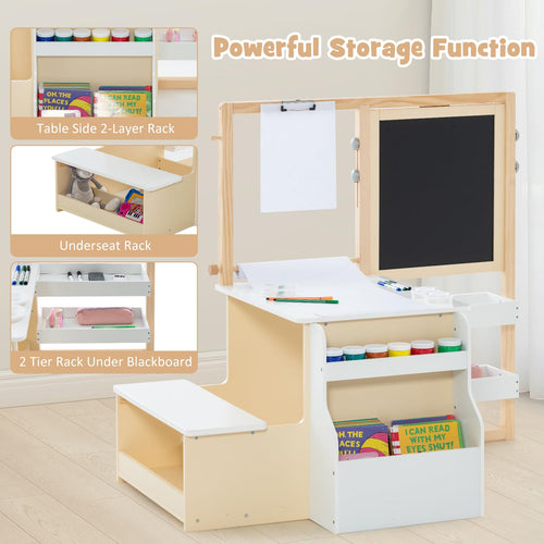 3 in 1 Kids Art Table and Chair Set, Toddler Craft and Play Wooden Activity Desk with Double-Sided Easel