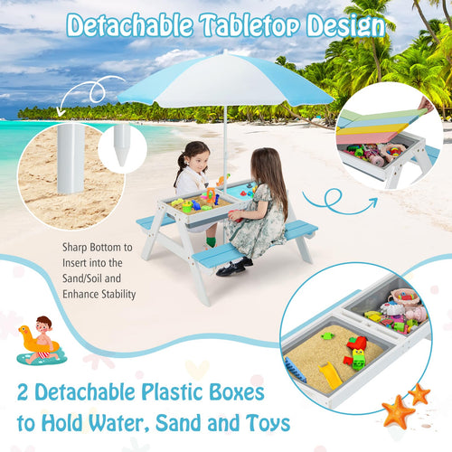 Kids Picnic Table, 3-in-1 Wooden Table & Bench Set w/Removable & Foldable Umbrella for Backyard, Garden