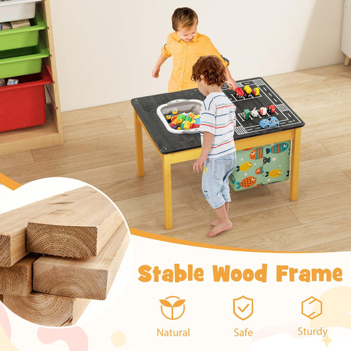 4-in-1 Kids Activity Table, Children Wooden Sensory Table Indoor Outdoor Play Study Desk w/Foldable Storage Bin
