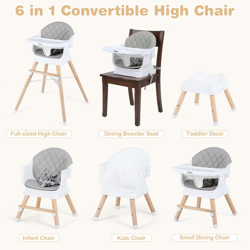INFANS Baby High Chair, 6 in 1 Wooden Convertible Highchair for Babies and Toddlers