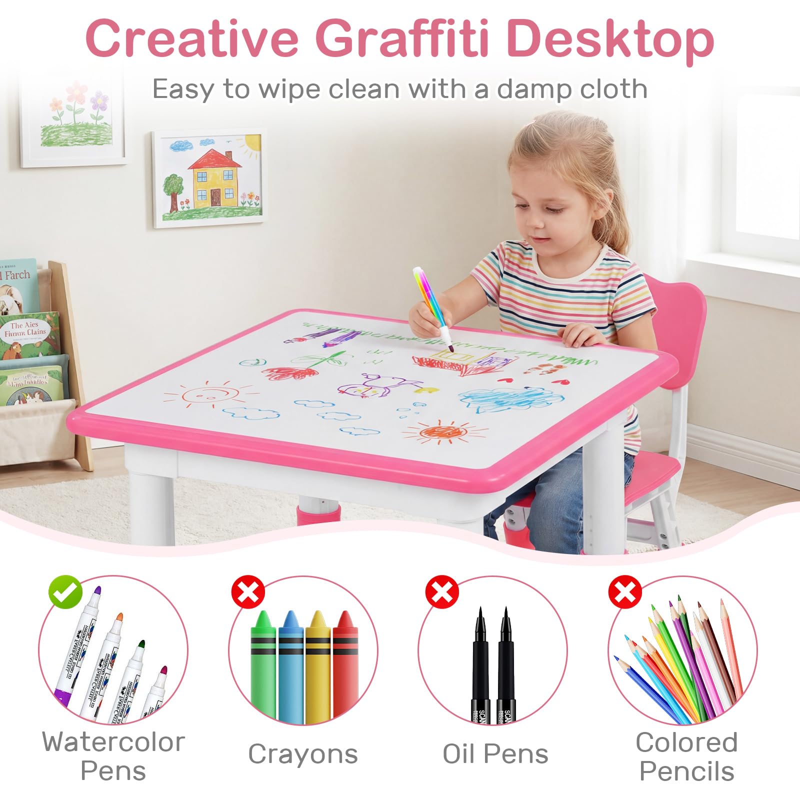 Kids Table and Chair Set, Height Adjustable Toddler Activity Desk with Graffiti Desktop Storage Boxes