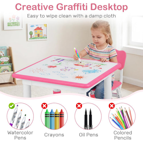 Kids Table and Chair Set, Height Adjustable Toddler Activity Desk with Graffiti Desktop Storage Boxes