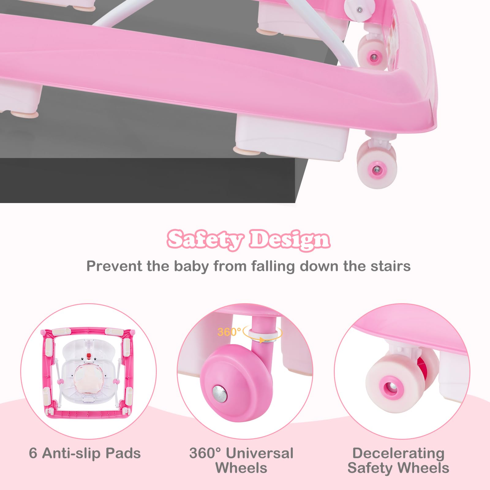 Foldable Baby Walker, 3 in 1 Toddler Walker Leaning-Seated Walk-Behind with Removable Music Tray