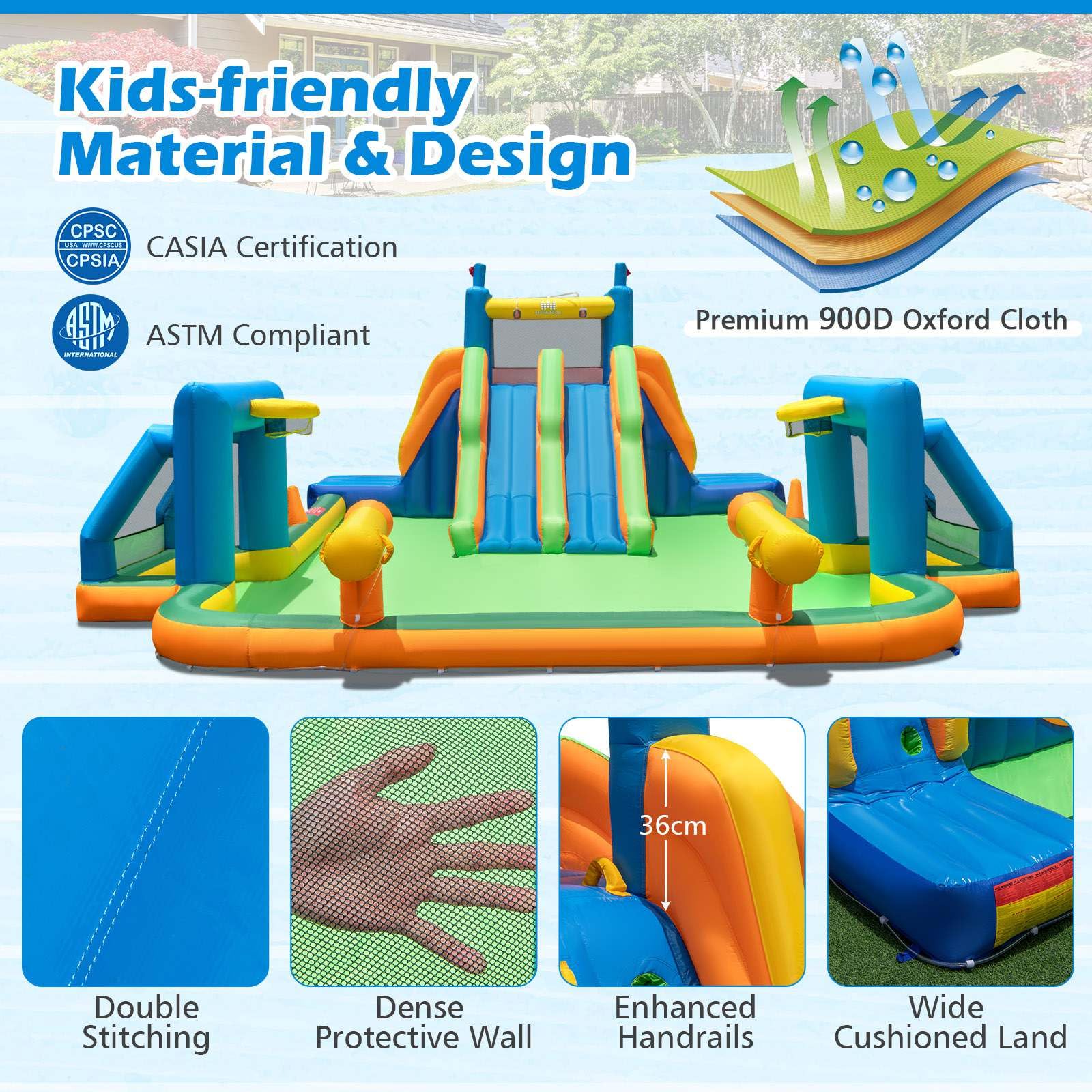 Inflatable Water Slide, Kids Blow up Water Park w/2 Long Slides, Climbing Walls, Splash Pool