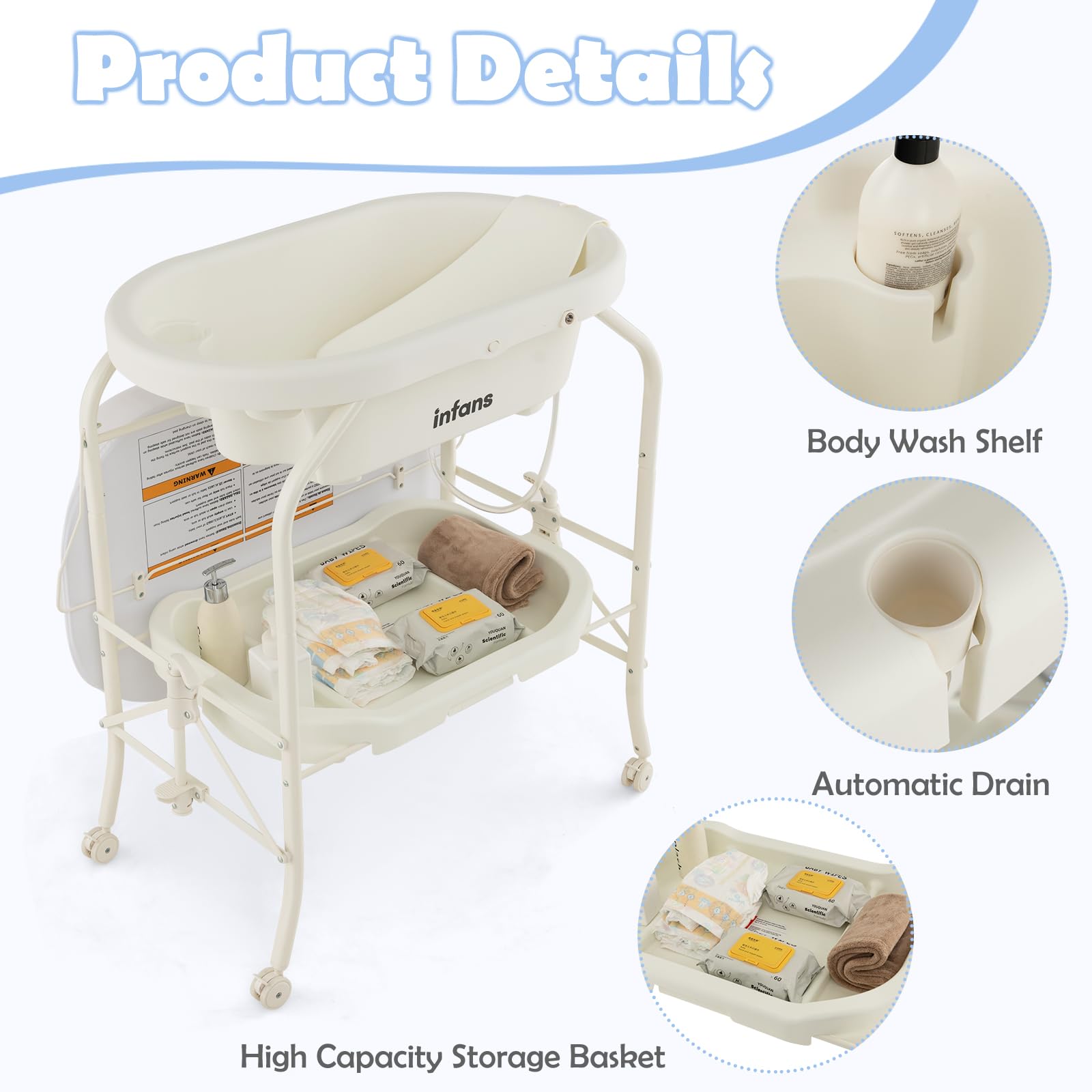 INFANS 2 in 1 Baby Changing Table with Bath Tub Unit, Folding Diaper Dresser Station