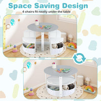 Toddler Table and Chair Set with 4 Storage Stools, Wooden Flower Shaped Nesting Table Blackboard Drawers