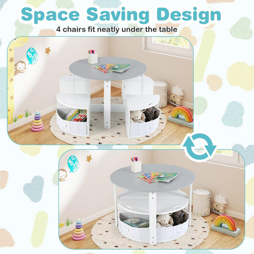 Toddler Table and Chair Set with 4 Storage Stools, Wooden Flower Shaped Nesting Table Blackboard Drawers