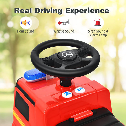 Kids Ride On Car, Benz Licensed Fire Engine w/Storage Space, Steering Wheel, Backrest, Red