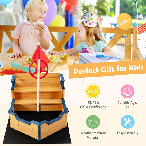 Wooden Kids Sandbox Outdoor Play Sandpit Toy w/2-in-1 Storage Benches