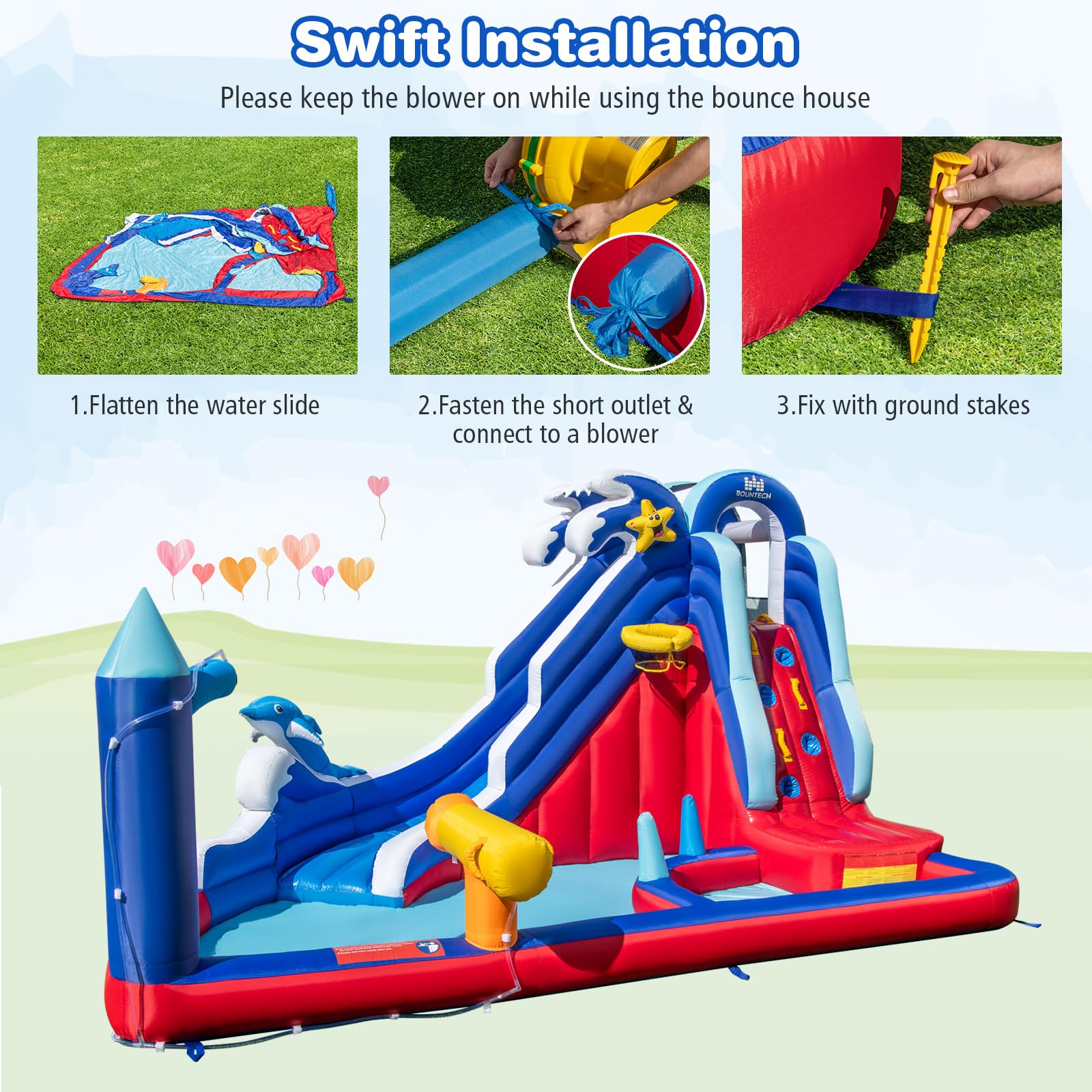 Inflatable Water Slide, Dolphin Theme Kids Bounce House Water Park w/Long Slide