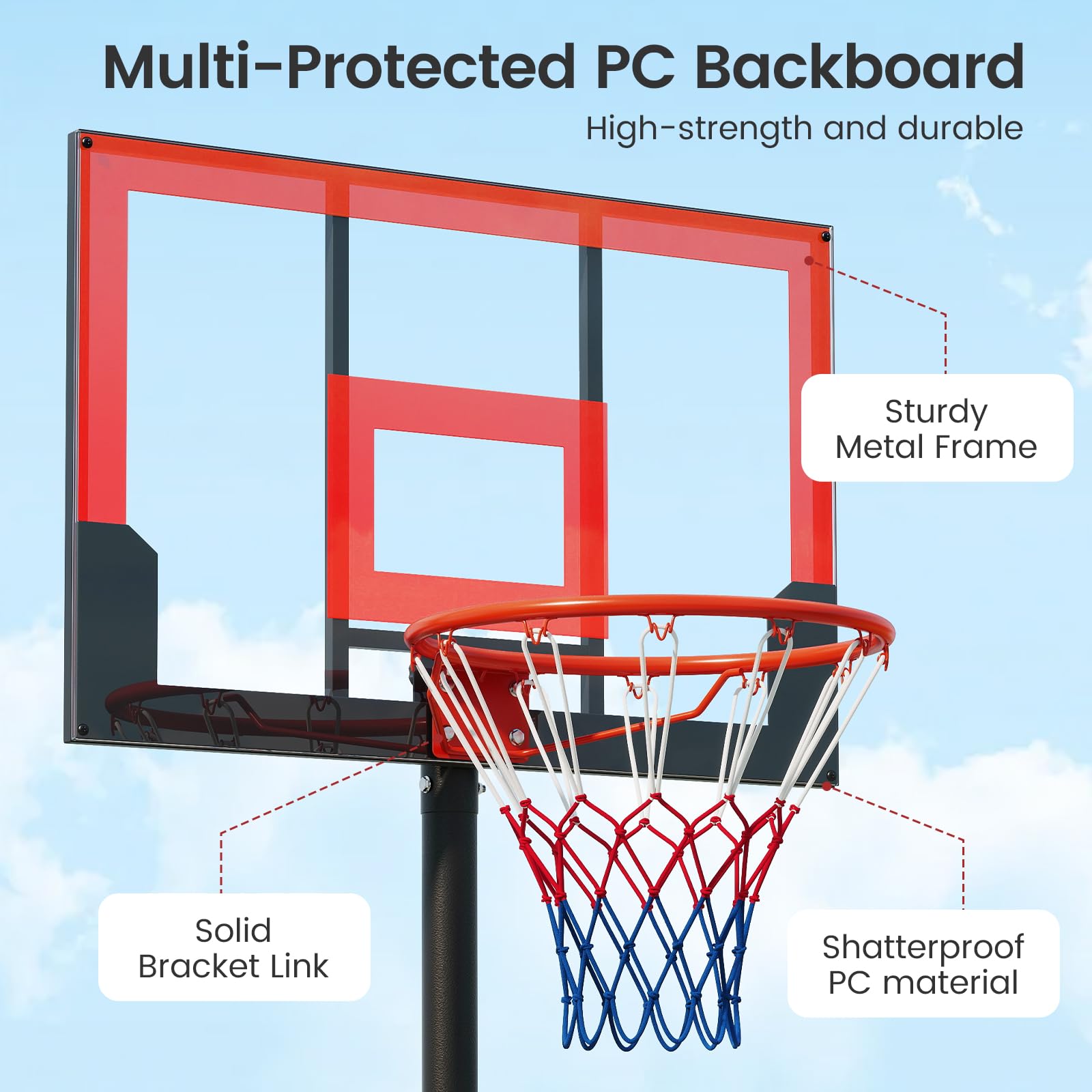 OLAKIDS Basketball Hoop Outdoor Portable 1.4-2.5m Height Adjustable Goal System with Wheels Shatterproof Backboard