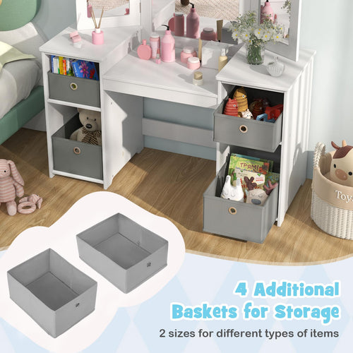 INFANS Kids Vanity, Princess Makeup Desk and Chair Set with Lights Mirror Drawer Storage Shelves