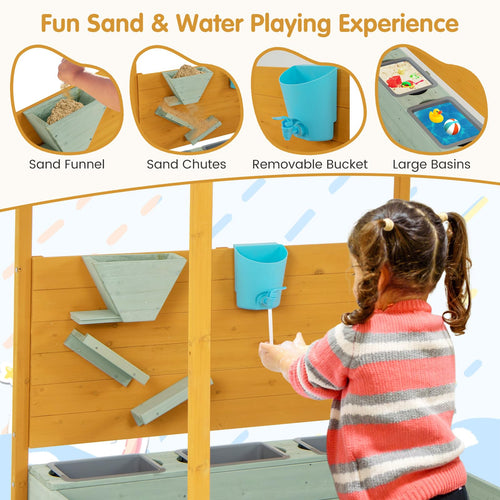 Kids Sandbox with Sand Wall, Wooden Sandpit for 3-8 Years w/Removable Canopy
