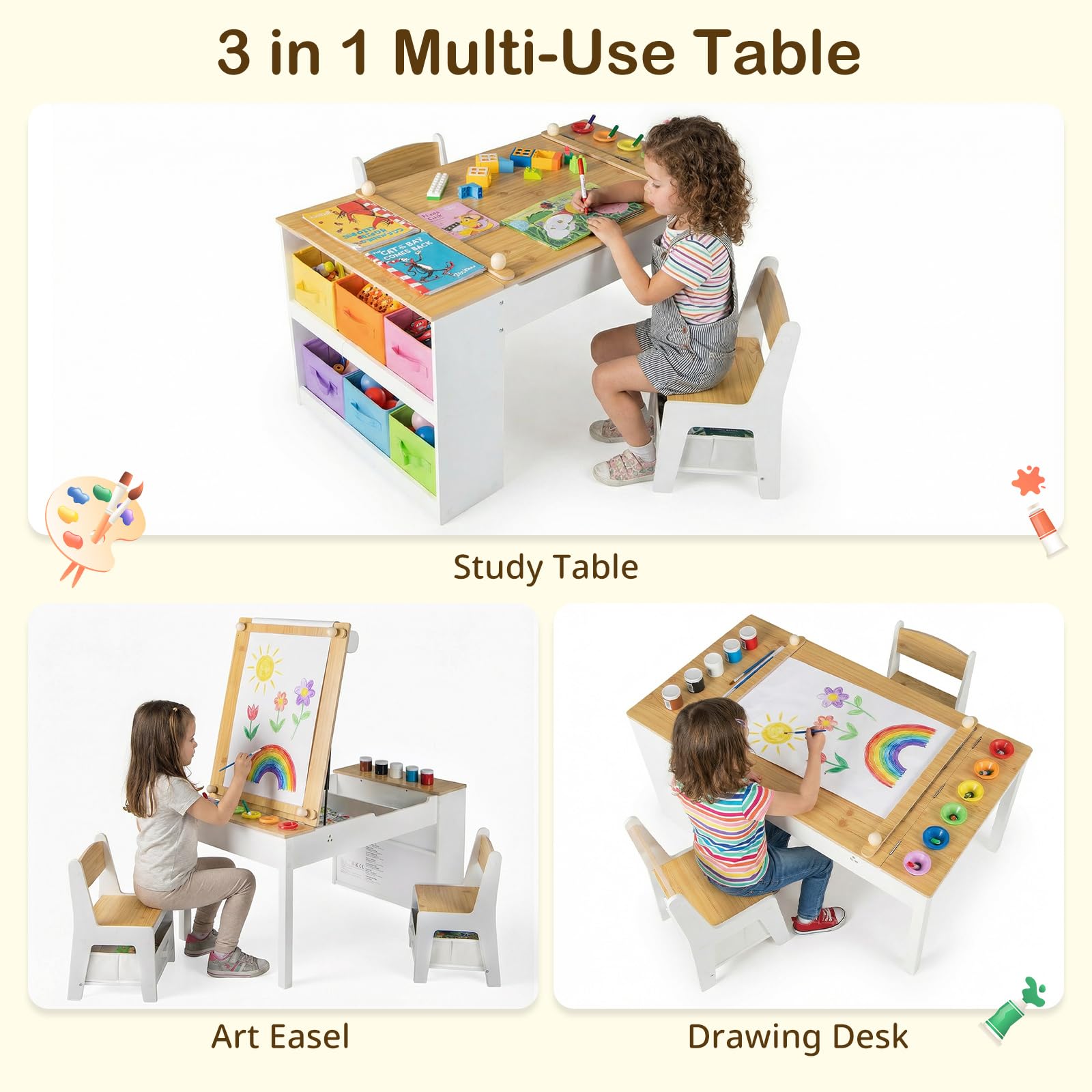 Toddler Art Craft Play Wood Activity Desk with 2 Chairs 4 Storage Canvas Bins Paper Roll for Writing Drawing