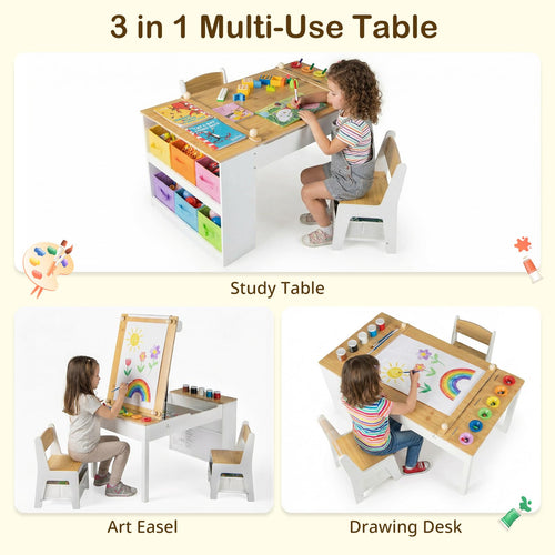 Toddler Art Craft Play Wood Activity Desk with 2 Chairs 4 Storage Canvas Bins Paper Roll for Writing Drawing