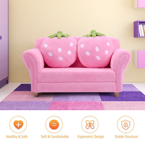 Children Couch Armrest Chair Double Seats with Strawberry Pillows
