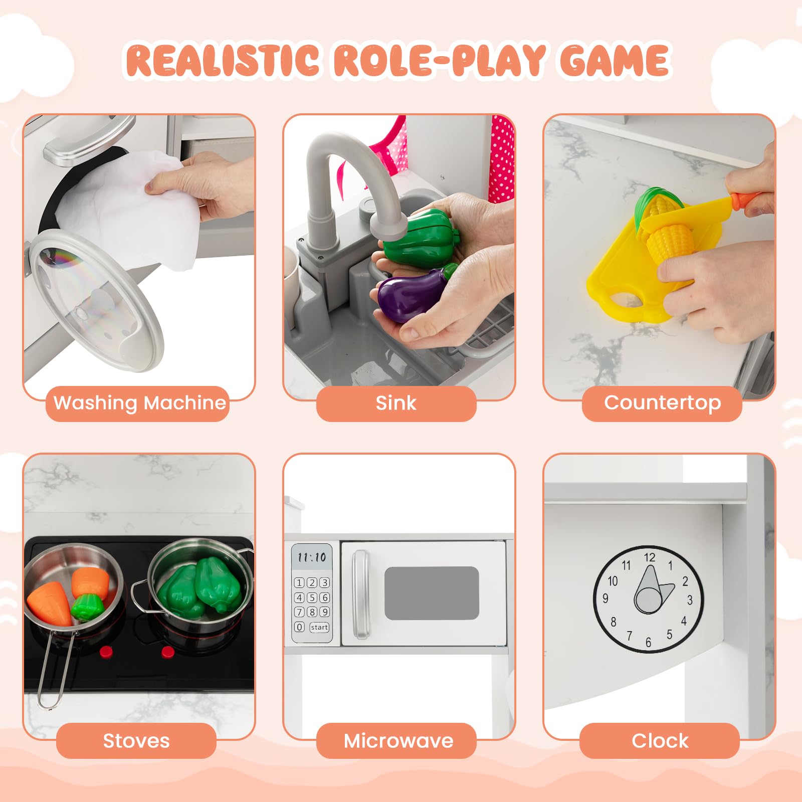 INFANS Corner Kids Kitchen Playset with Real Running Water Circulation Realistic Light Sound Stove Storage Cabinet