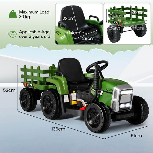 Kids Ride On Car, 12V Electric Ride On Tractor with Trailer for Children, Electric Toy Car for Over 3 w/Remote Control