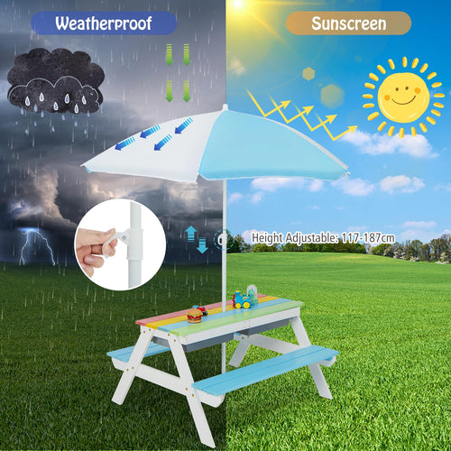 Kids Picnic Table, 3-in-1 Wooden Table & Bench Set w/Removable & Foldable Umbrella for Backyard, Garden