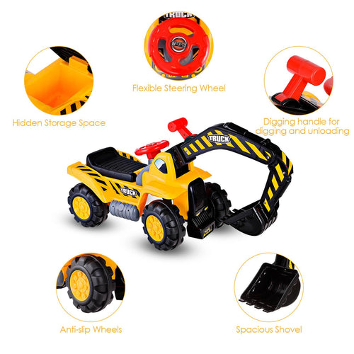 Kids Ride On Excavator, Outdoor Digger Scooper Pulling Cart W/Safety Helmet Horn Underneath Storage